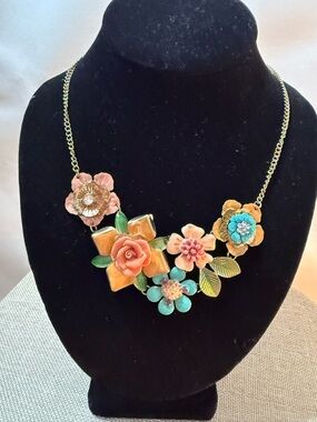Multicolor Floral Statement Necklace - Pastel Flower Bib